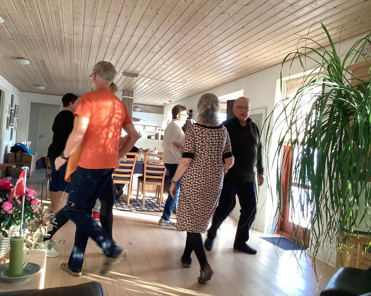 ældre mennesker, der danser linedans i stuen