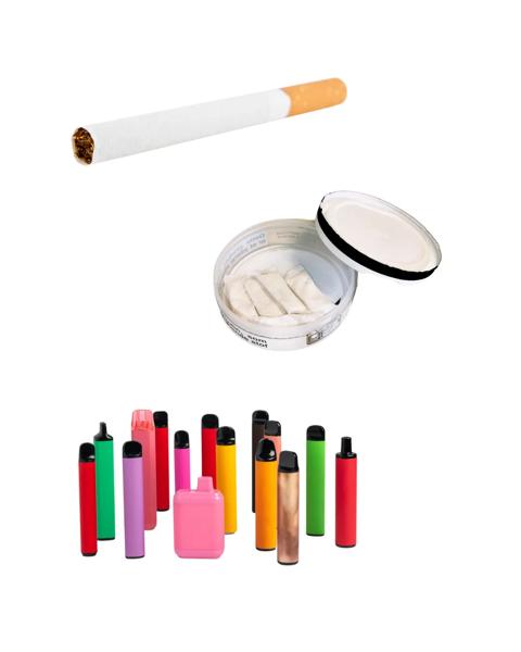 Et billede af en cigaret, vapes og snus