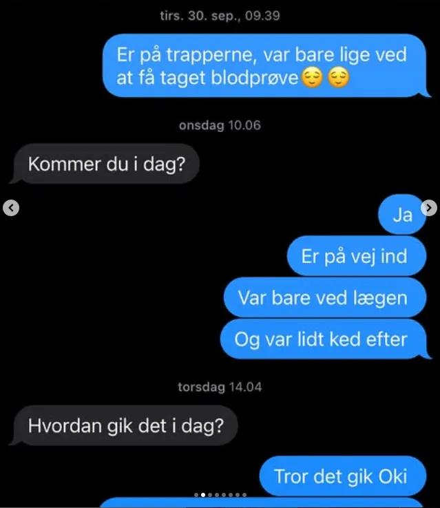 Screenshot af chat mellem Marie og veninde, som spørger, om hun kommer i skole.