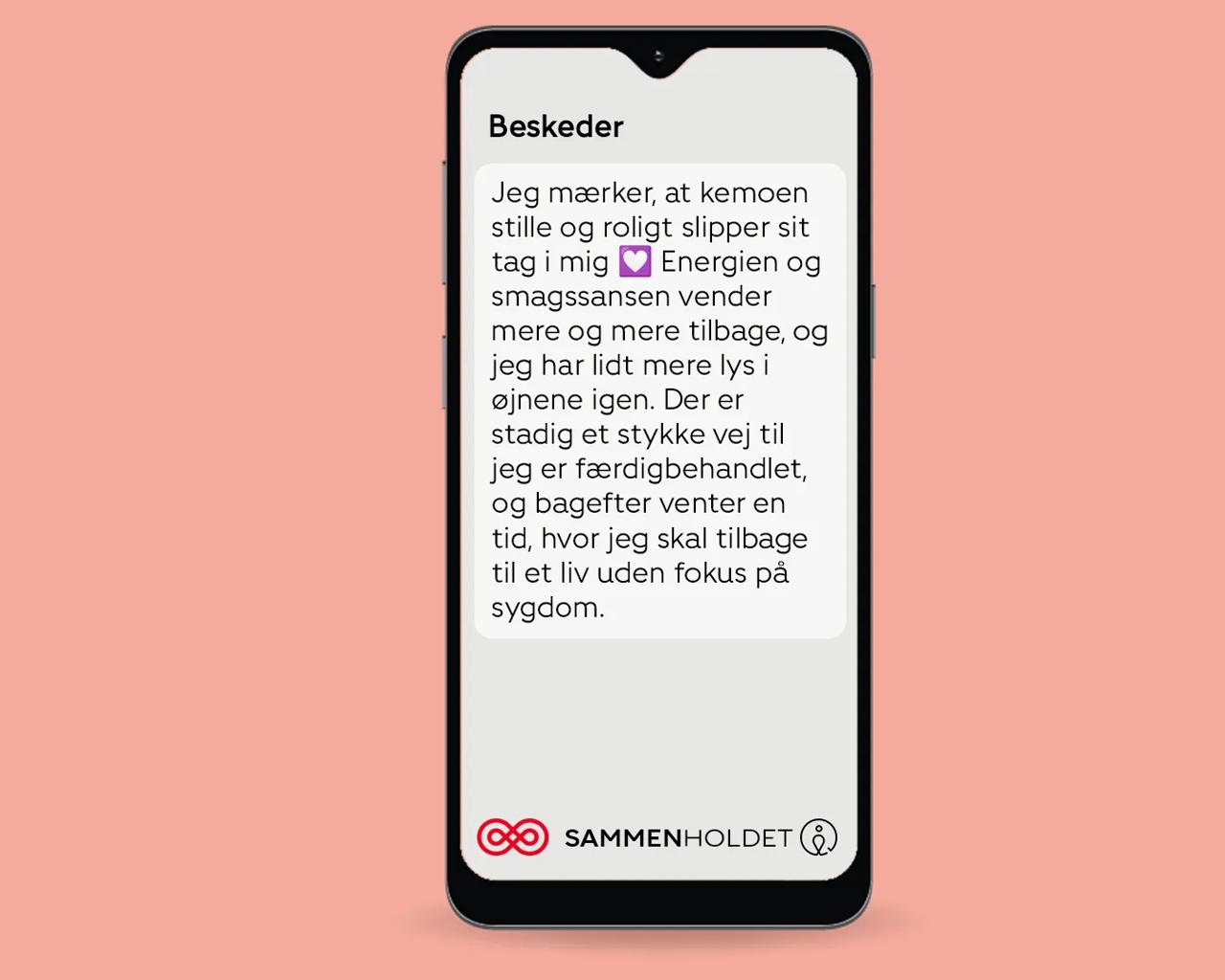 Her ses et uddrag af et længere skriv i appen. Med Mettes tekster i appen, kommer netværket helt ind under huden på den hverdag, man står i med kræft. Grafik: Kræftens Bekæmpelse.