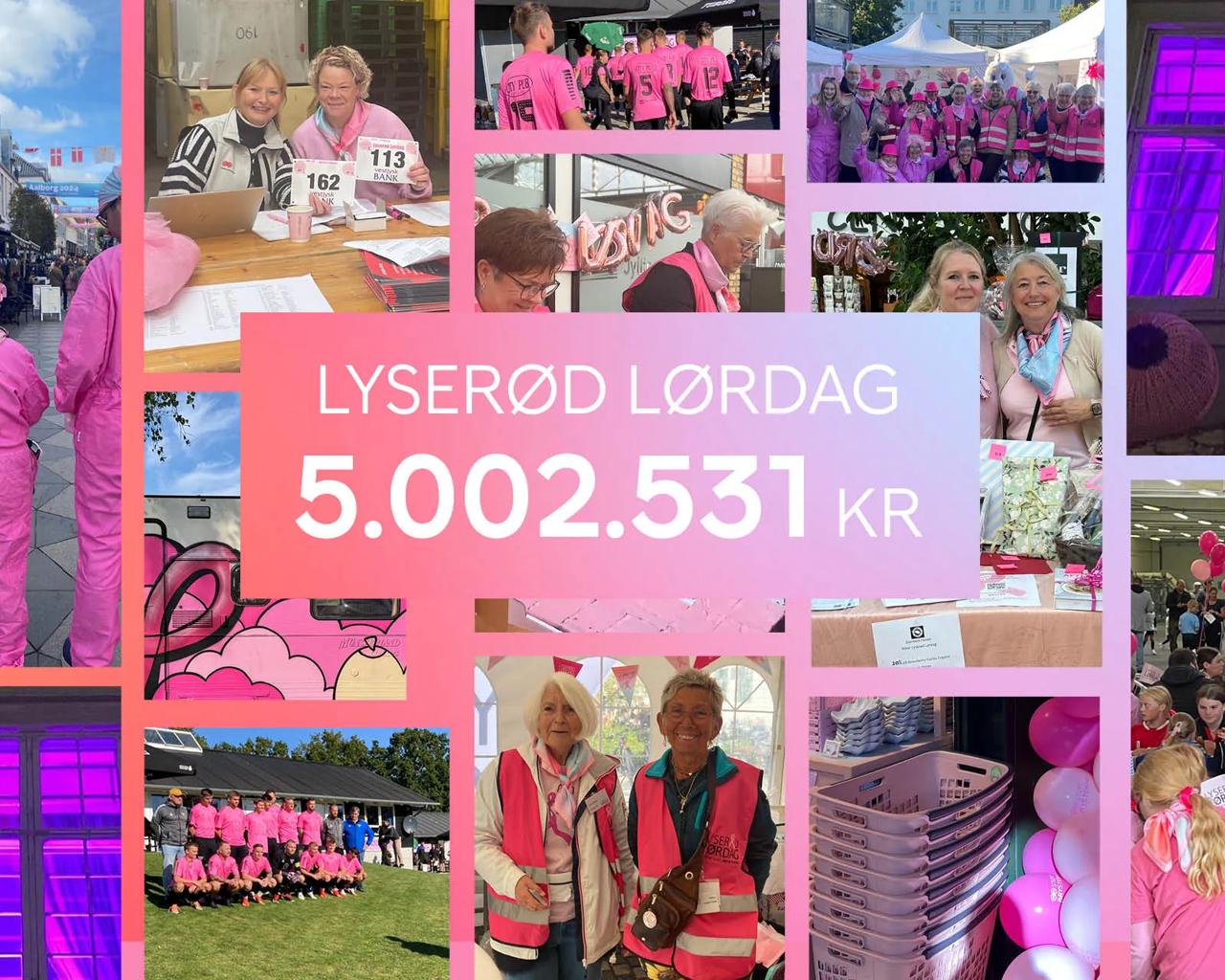 Mosaik over årets resultat til Lyserød Lørdag 2025 - der blev indsamlet 5.002.531 kr.