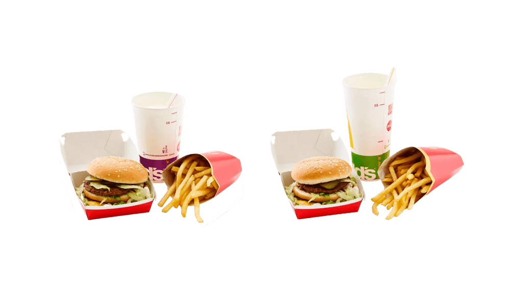 En almindelig og en stor McDonalds burgermenu