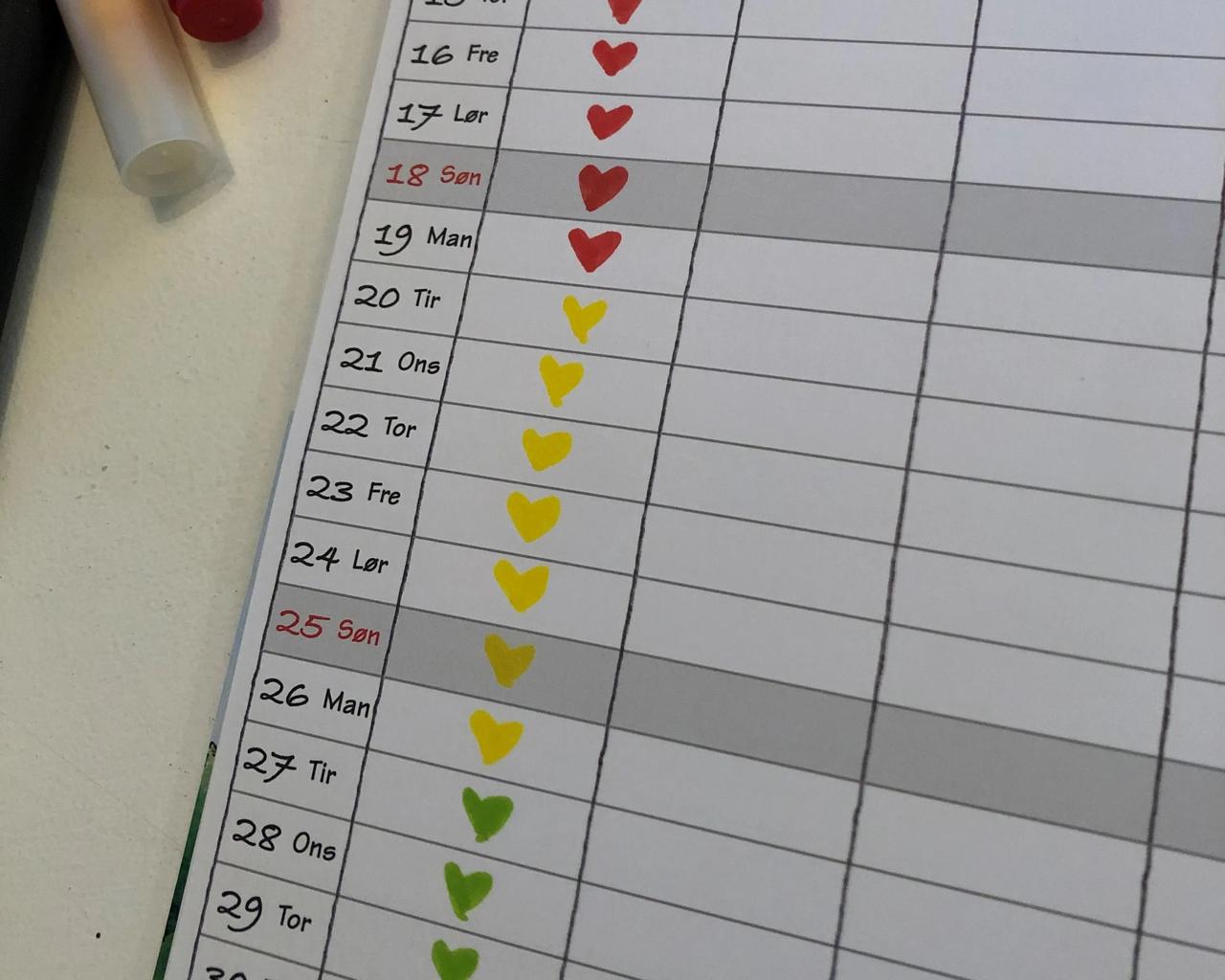 kalender markeret med farver