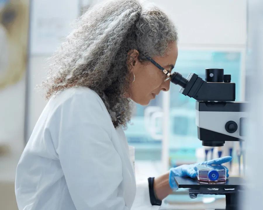 forsker kigger i mikroskop i et laboratorie